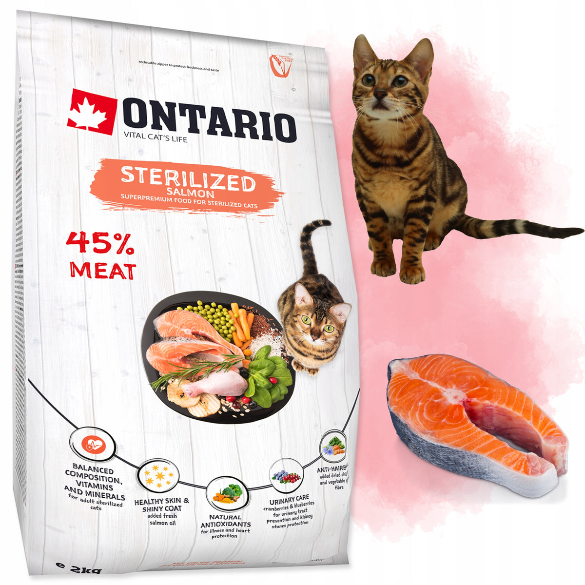 Ontario sucha karma dla kota sterylizowanego 2 kg z łososiem – dla dorosłych kotów