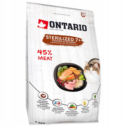 Ontario sucha karma dla kota sterylizowanego 7+ z kurczakiem i łososiem 2 kg – senior
