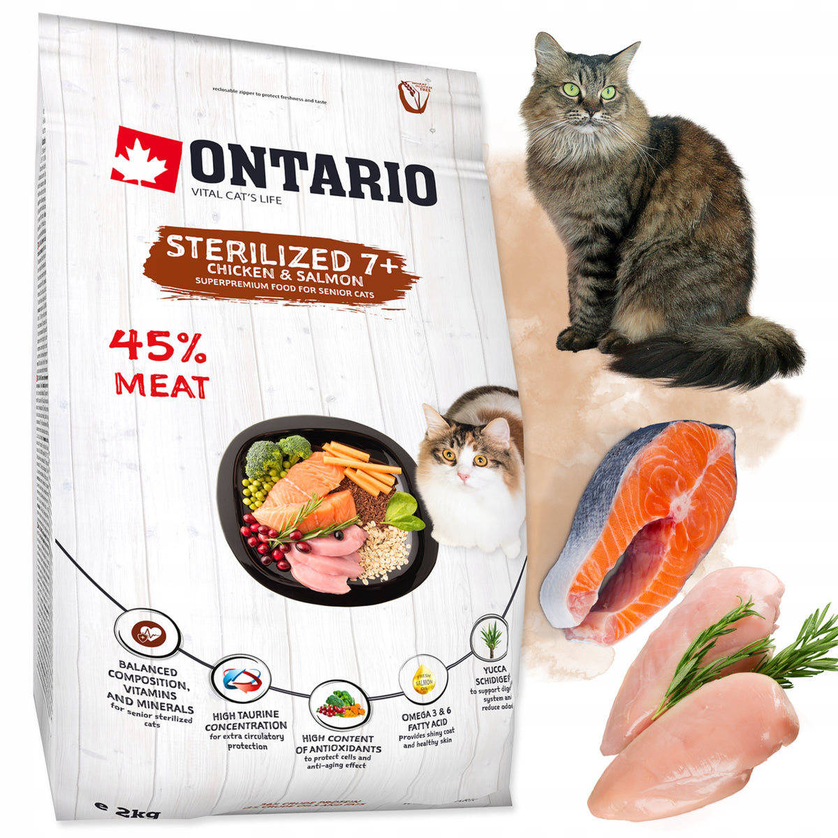 Ontario sucha karma dla kota sterylizowanego 7+ z kurczakiem i łososiem 2 kg – senior