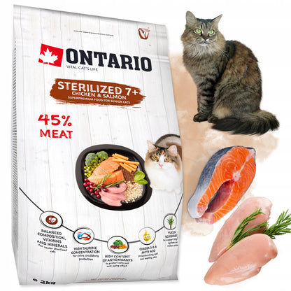 Ontario sucha karma dla kota sterylizowanego 7+ z kurczakiem i łososiem 2 kg – senior