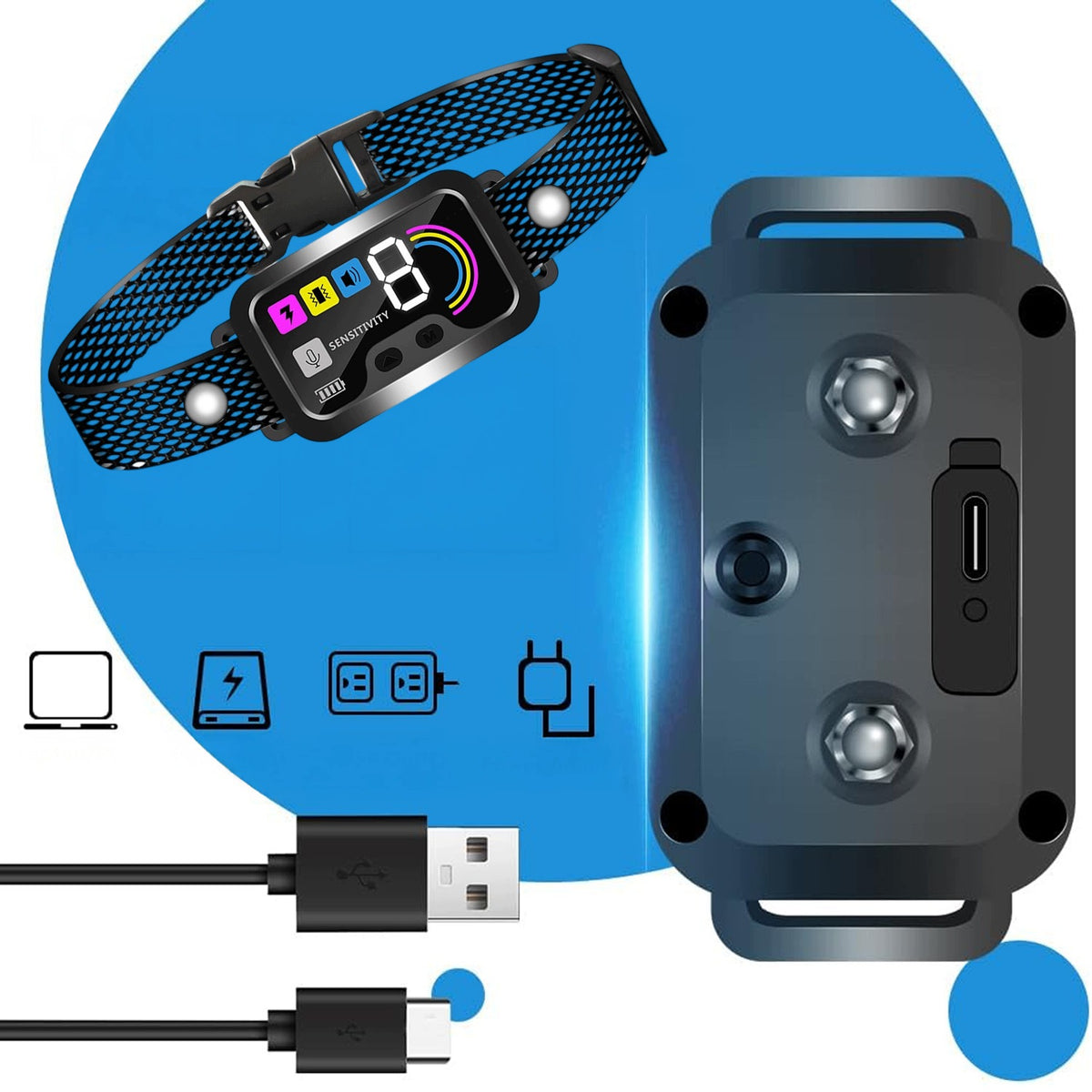 Obroża antyszczekowa z kolorowym wyświetlaczem, 8 poziomów, ładowana USB, IP67 – czarna