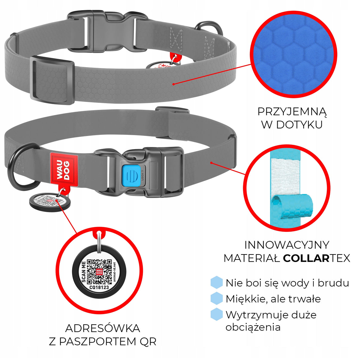 WAUDOG Obroża dla psa silikonowa wodoodporna z paszportem QR, XL 35–58 cm – czerwona