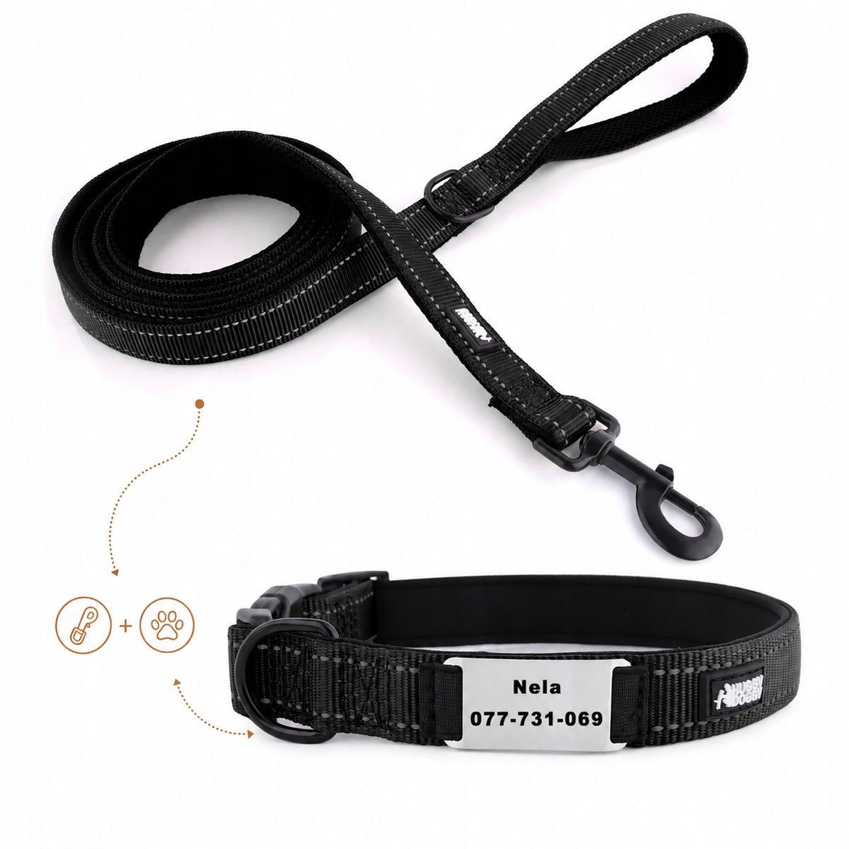 HUGGY DOGGY Obroża dla psa z grawerem XS 25-30 cm, neoprenowa, odblaskowa – czarna