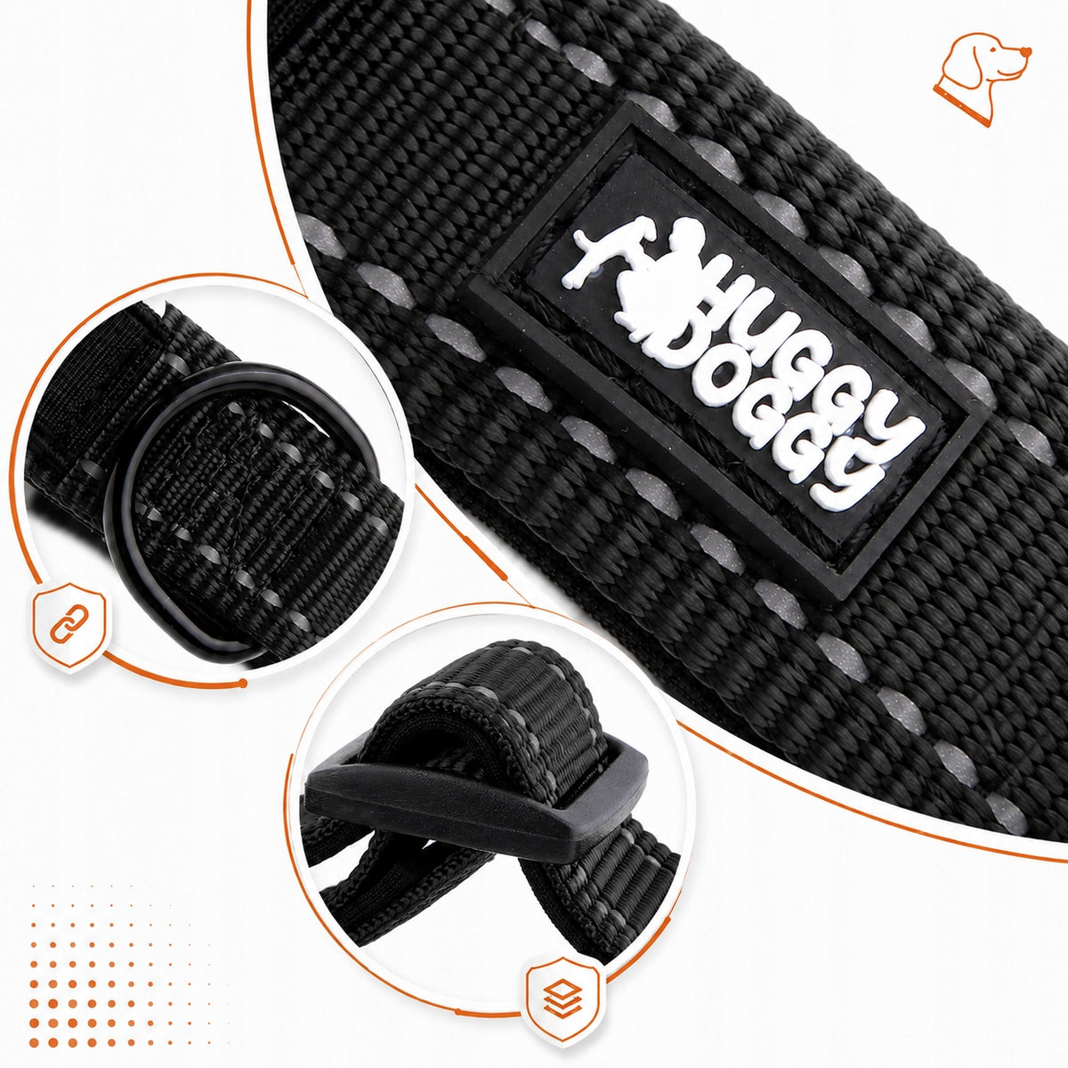 HUGGY DOGGY Obroża dla psa z grawerem XS 25-30 cm, neoprenowa, odblaskowa – czarna