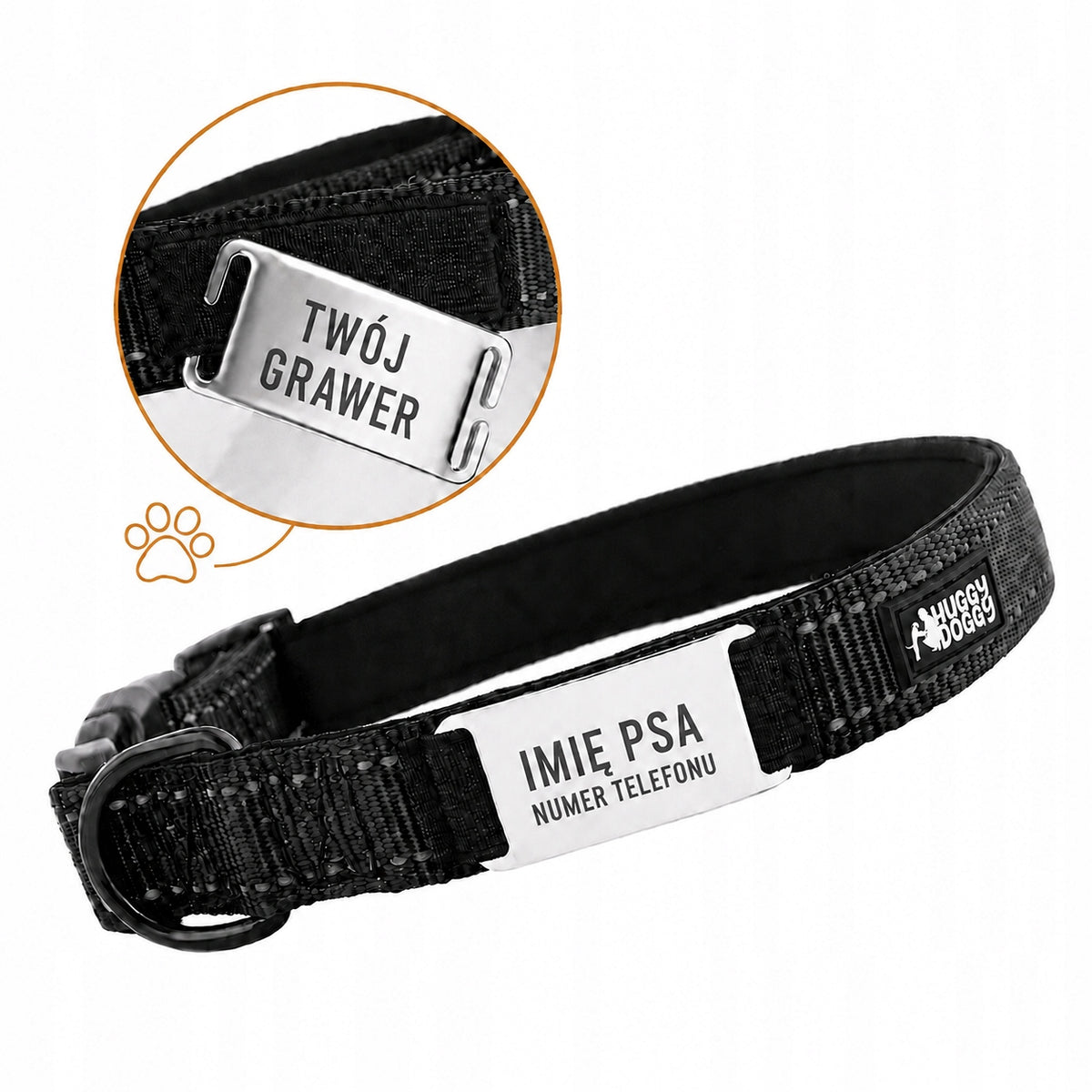 HUGGY DOGGY Obroża dla psa z grawerem XS 25-30 cm, neoprenowa, odblaskowa – czarna