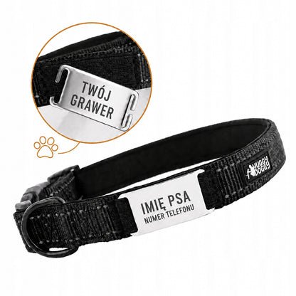 HUGGY DOGGY Obroża dla psa z grawerem XS 25-30 cm, neoprenowa, odblaskowa – czarna
