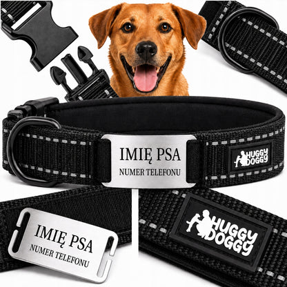 HUGGY DOGGY Obroża dla psa z grawerem XS 25-30 cm, neoprenowa, odblaskowa – czarna