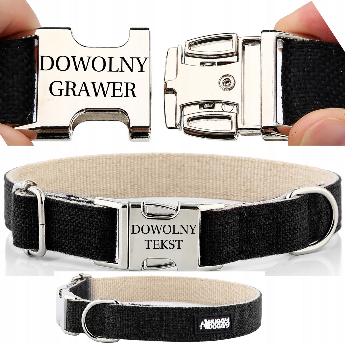 HUGGY DOGGY Obroża dla psa z grawerem imienia, konopna 2,5 cm, rozmiar L 40–60 cm – czarna