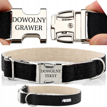 HUGGY DOGGY Obroża dla psa z grawerem imienia, konopna 2,5 cm, rozmiar L 40–60 cm – czarna