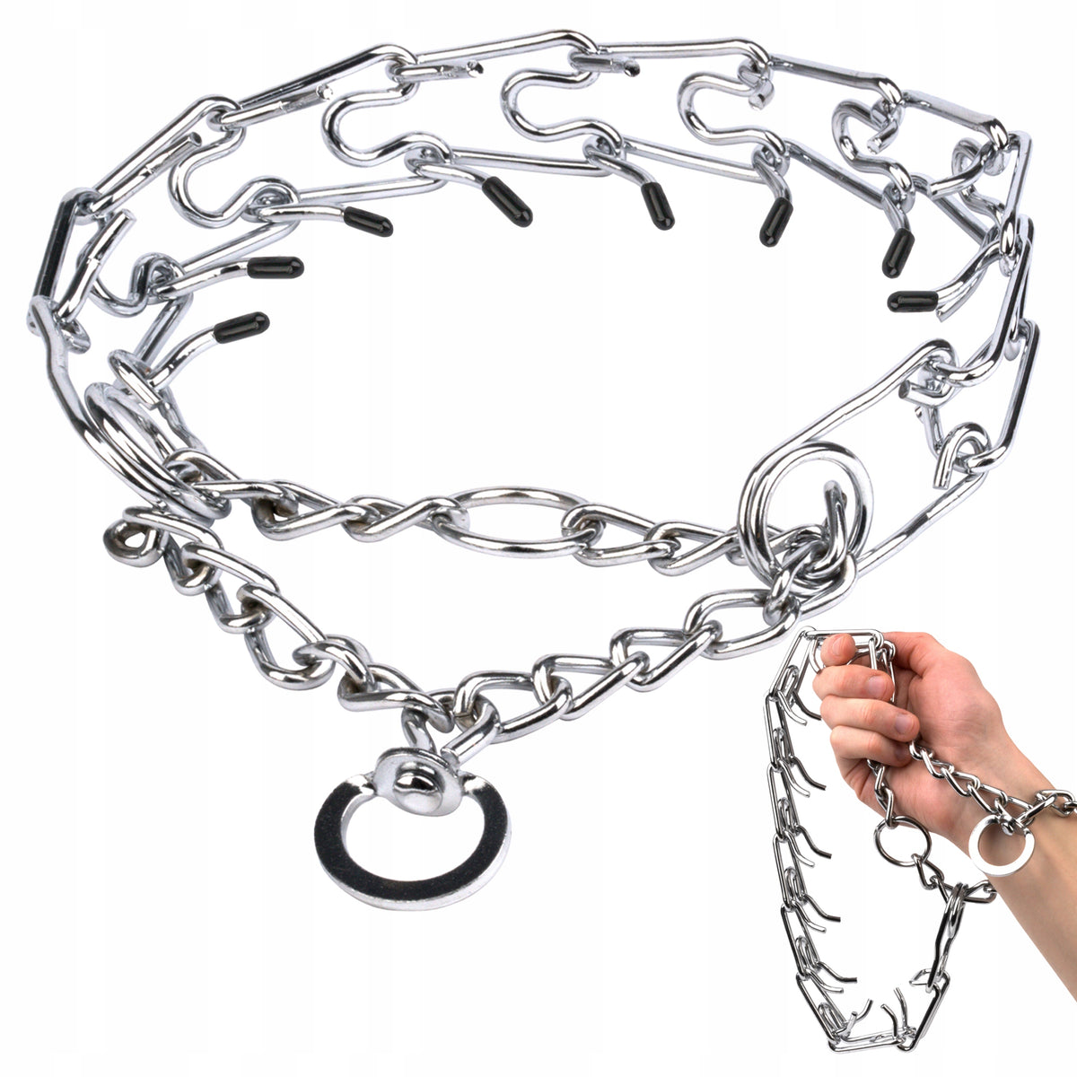 Obroża kolczatka metalowa dla dużego psa z osłonkami, półzacisk, 44–60 cm XL – srebrna
