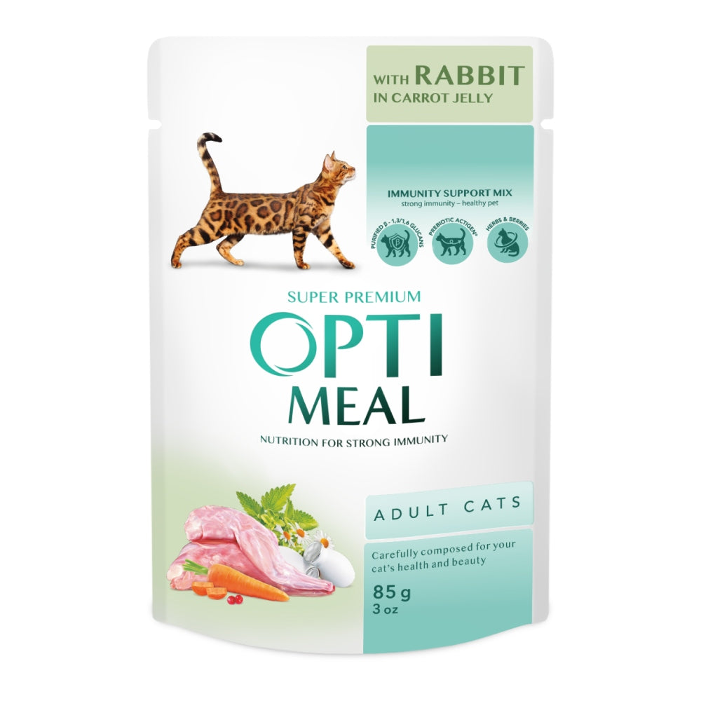 Optimeal mokra karma dla dorosłych kotów w saszetkach 12 x 85 g – królik z marchewką