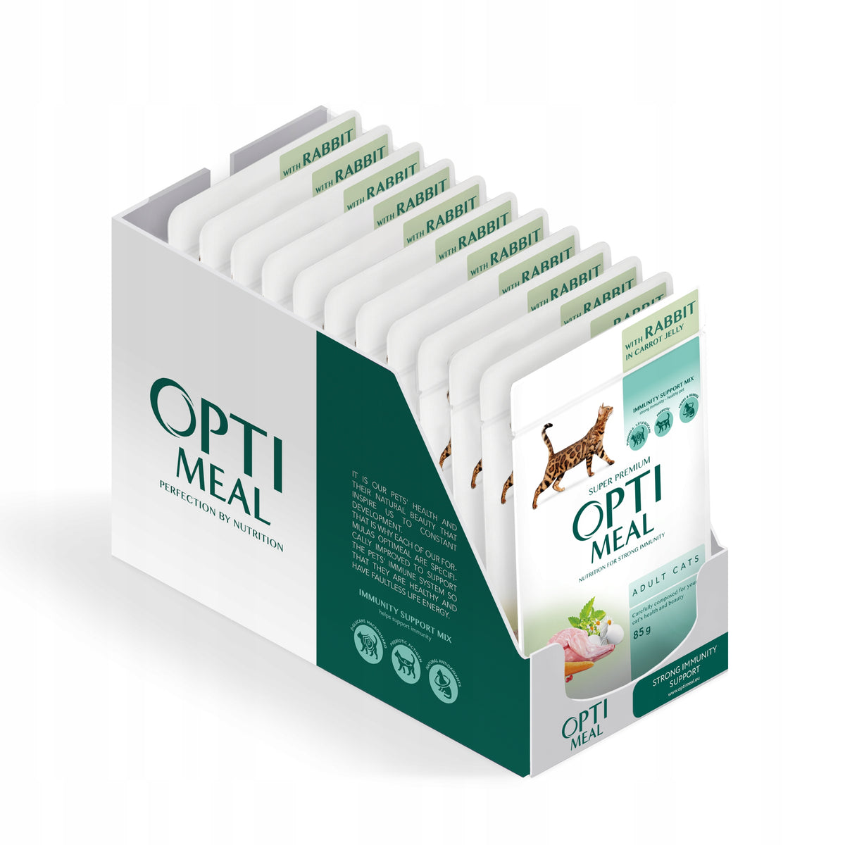 Optimeal mokra karma dla dorosłych kotów w saszetkach 12 x 85 g – królik z marchewką
