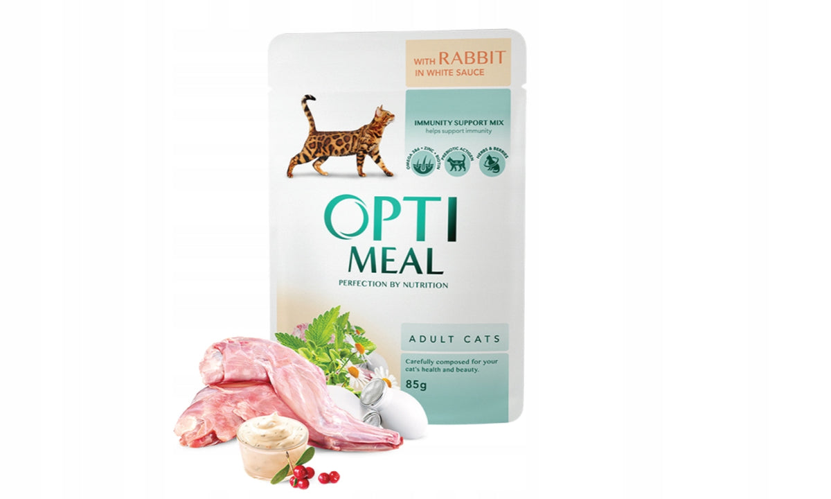 Optimeal mokra karma dla kota królik w białym sosie 12 x 85 g – saszetki z prebiotykiem