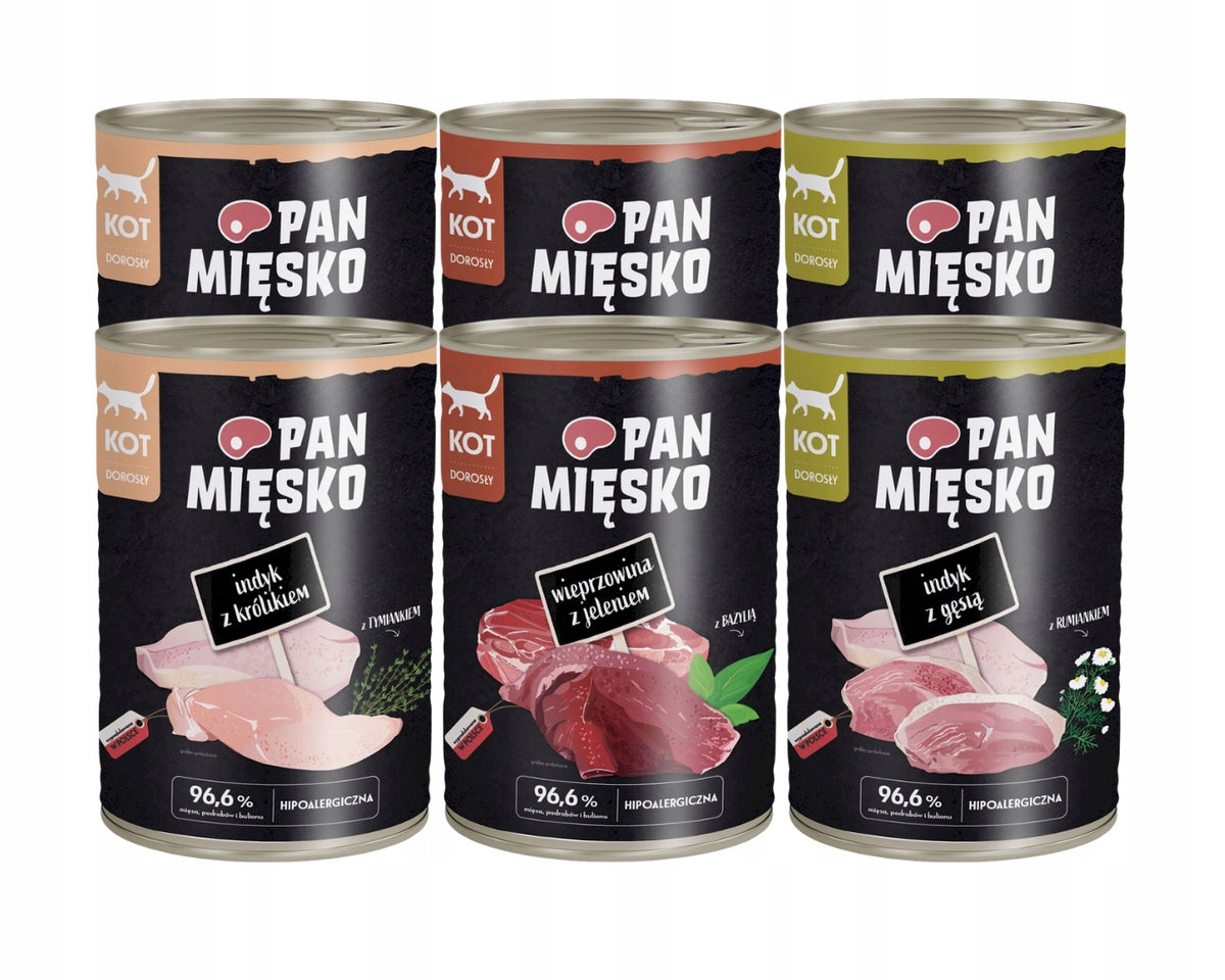 Pan Mięsko karma mokra dla kota dorosłego bezzbożowa 6 x 400 g w puszkach – mix smaków