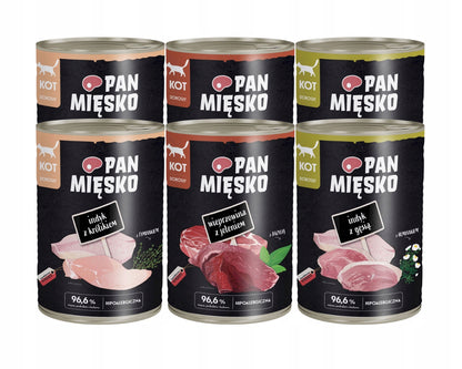 Pan Mięsko karma mokra dla kota dorosłego bezzbożowa 6 x 400 g w puszkach – mix smaków
