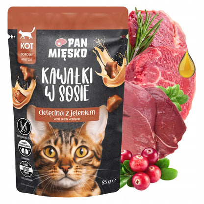 Pan Mięsko mokra karma dla kota w saszetkach 12 x 85 g – kawałki w sosie, bezzbożowa, mix smaków