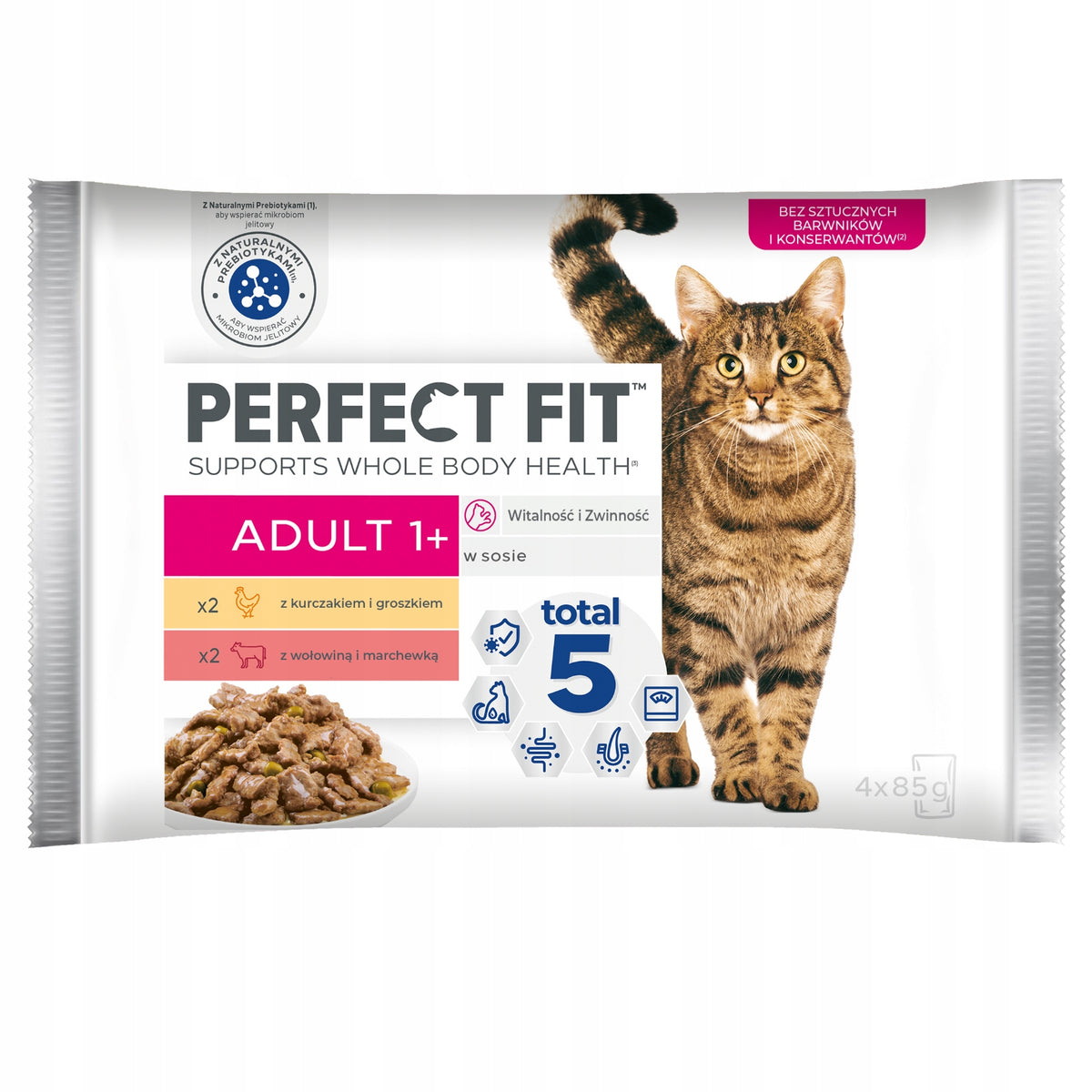 Perfect Fit mokra karma dla kota dorosłego w sosie 4x85 g z prebiotykiem – mix smaków