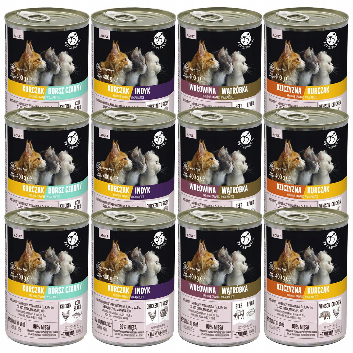 Pet Republic mokra karma dla kota, kawałki w galaretce 12 x 400 g bez zbóż – mix smaków