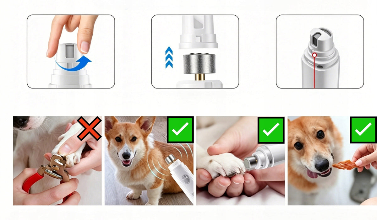 Elektryczny pilnik do pazurów dla psa i kota – cichy, diamentowa tarcza, ładowanie USB