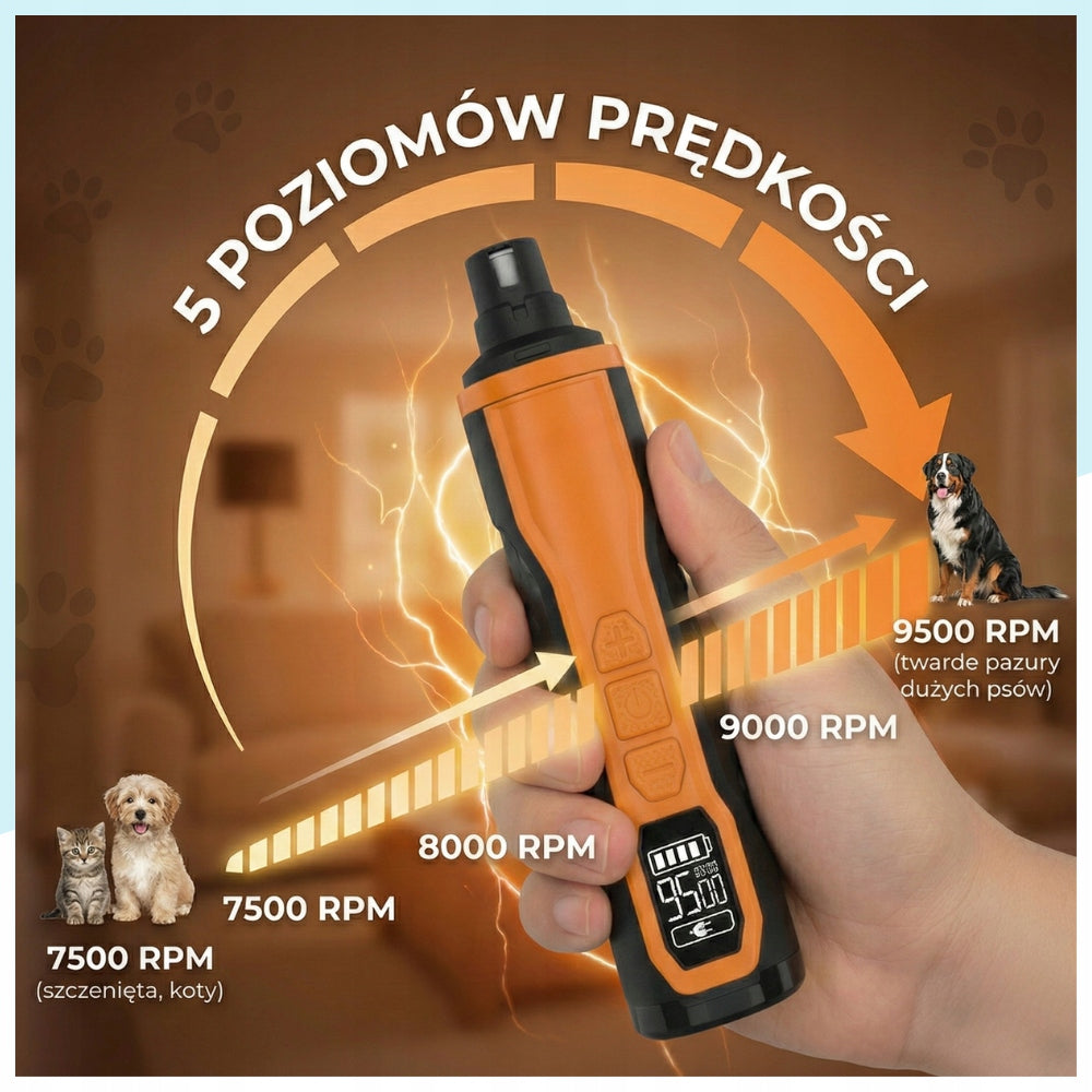 Elektryczny pilnik do pazurów dla psów i kotów, cichy, 5 prędkości, LED – bezprzewodowy