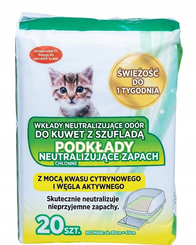 Podkłady do kuwety dla kotów z węglem aktywnym i kwasem cytrynowym – 20 szt.