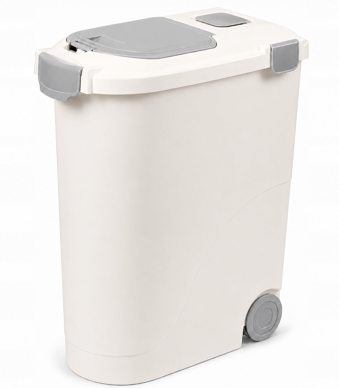 Pojemnik na karmę 32 l na kółkach z miarką i uchylną klapą – plastikowy, dla psa i kota