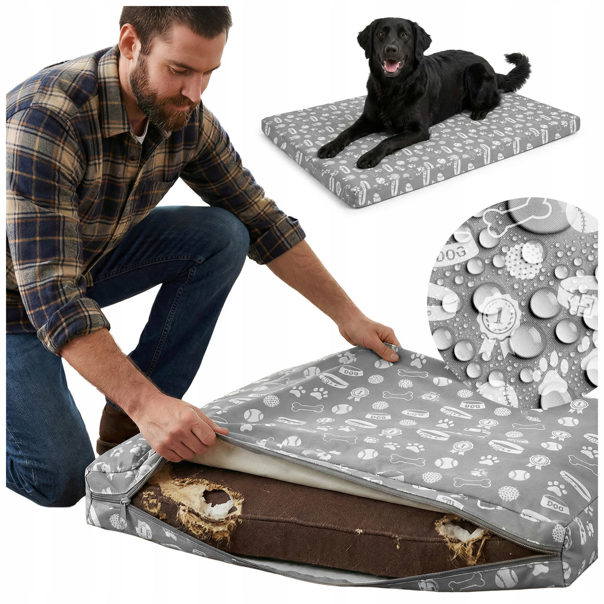 Happy Pets Pokrowiec na legowisko dla psa XL 100x70 cm wodoodporny, na zamek – szary w łapki