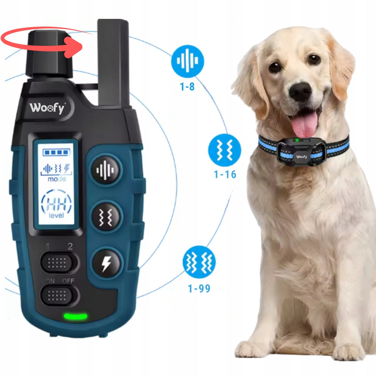 Woofy Obroża elektryczna dla psa treningowa z pilotem, zasięg 1000 m, IP67 – niebieska