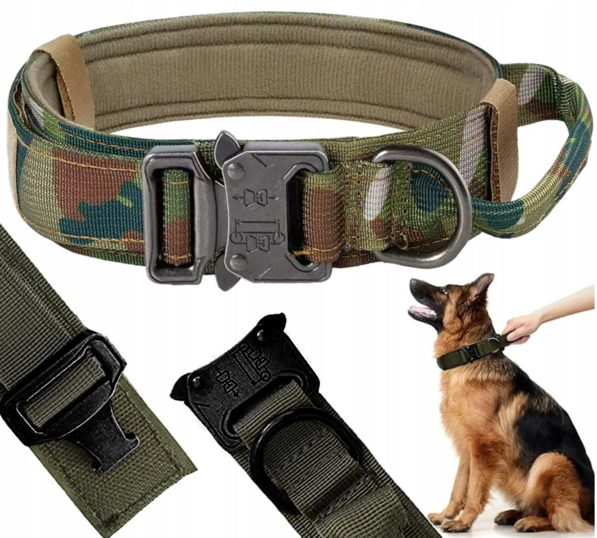 DKM Obroża taktyczna dla psa 48-60 cm z rączką i metalową klamrą, nylon – XL, zielona camo