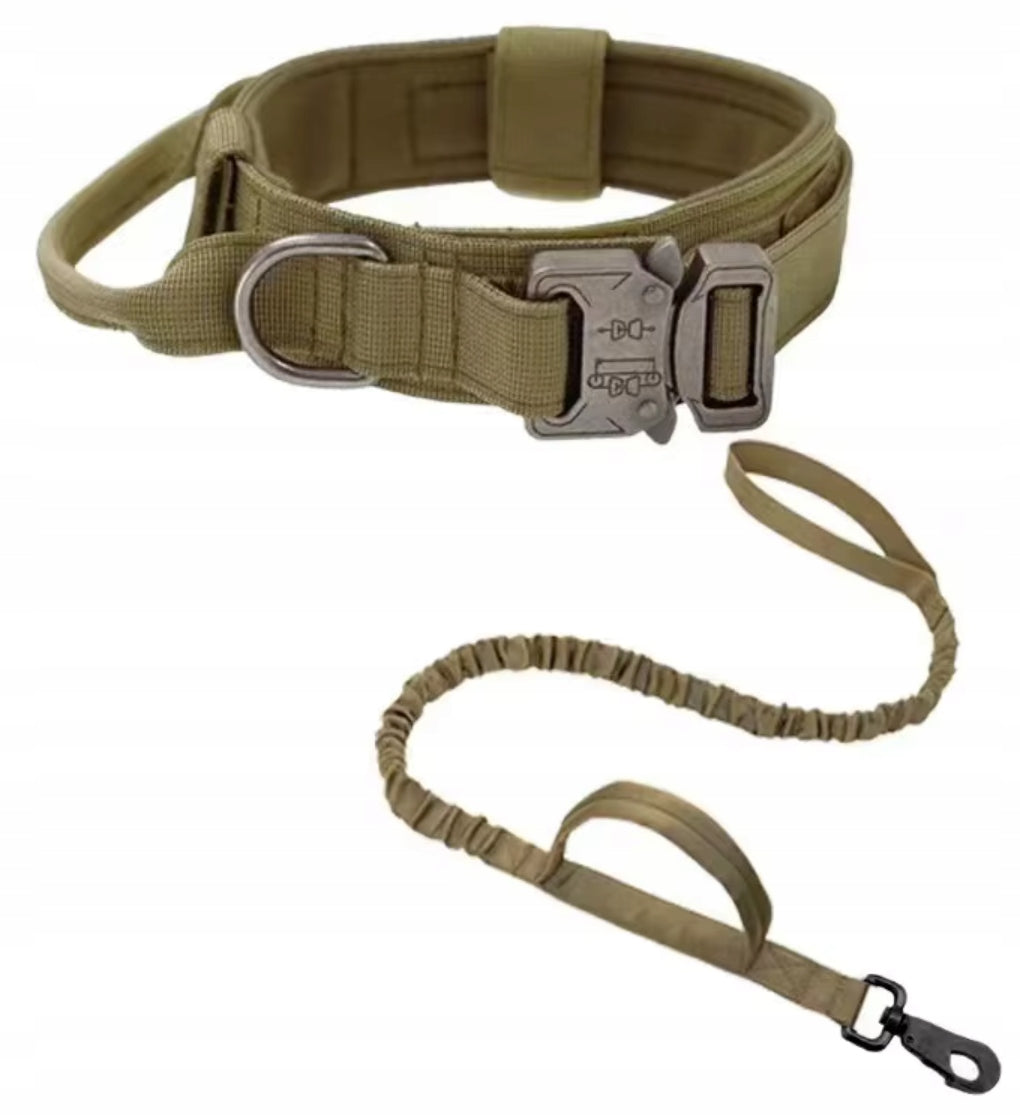 DKM Obroża taktyczna dla psa ze smyczą bungee, nylon 1680D, klamra QR, M 34-44 cm – khaki