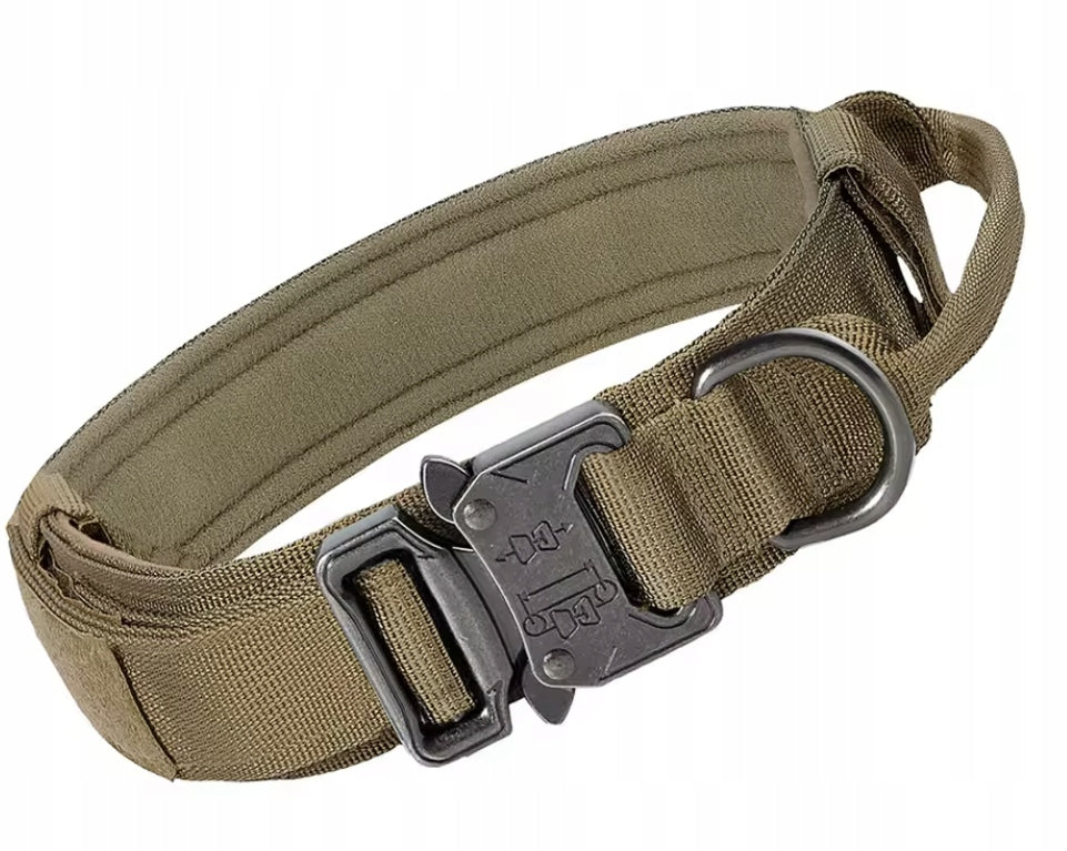 DKM Obroża taktyczna dla psa ze smyczą bungee, nylon 1680D, klamra QR, M 34-44 cm – khaki