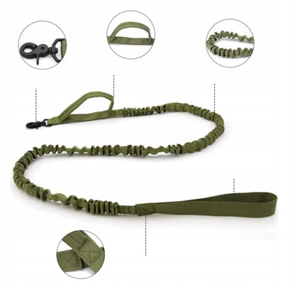 DKM Obroża taktyczna dla psa ze smyczą bungee, nylon 1680D, klamra QR, M 34-44 cm – khaki