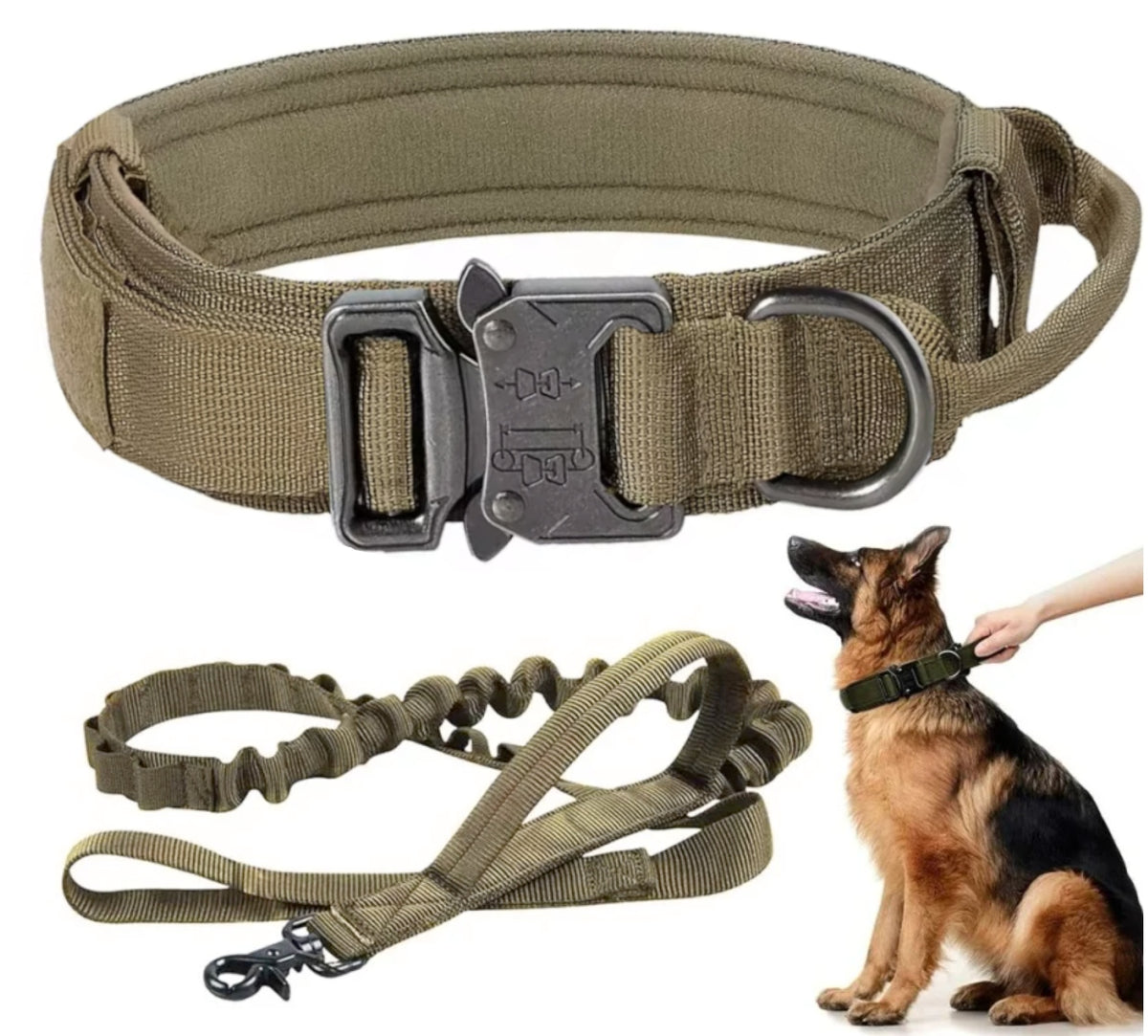 DKM Obroża taktyczna dla psa ze smyczą bungee, nylon 1680D, klamra QR, M 34-44 cm – khaki