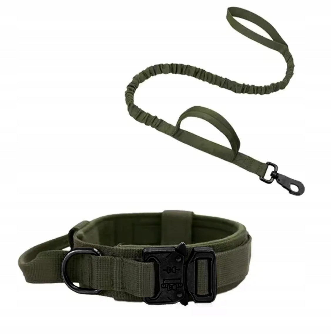 DKM Obroża taktyczna dla psa ze smyczą bungee, nylon 1680D, 39-50 cm, rozmiar L – oliwkowa