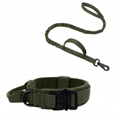 DKM Obroża taktyczna dla psa ze smyczą bungee, nylon 1680D, 39-50 cm, rozmiar L – oliwkowa