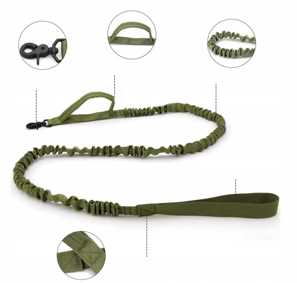 DKM Obroża taktyczna dla psa ze smyczą bungee, nylon 1680D, 39-50 cm, rozmiar L – oliwkowa
