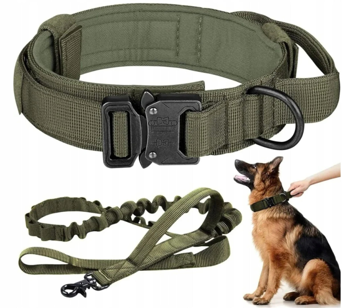 DKM Obroża taktyczna dla psa ze smyczą bungee, nylon 1680D, 39-50 cm, rozmiar L – oliwkowa