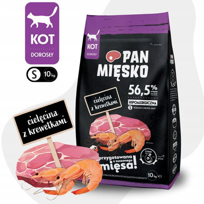 Pan Mięsko Karma sucha dla kota bezzbożowa 10 kg, małe chrupki S – cielęcina z krewetkami