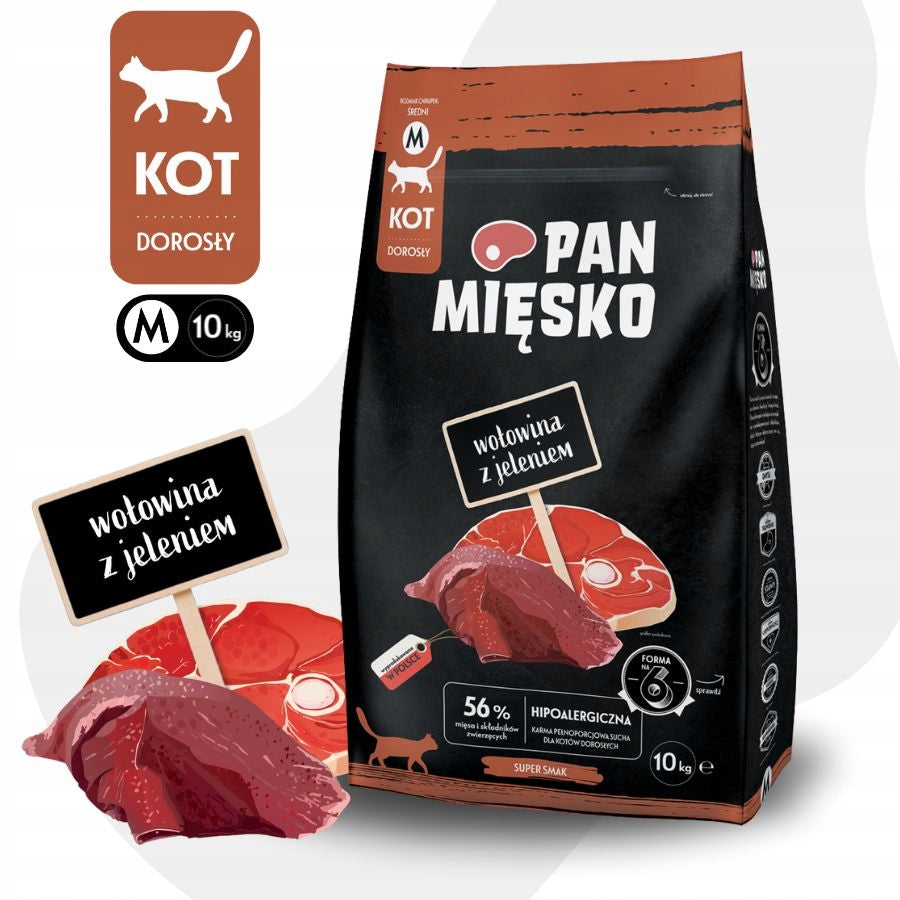 Pan Mięsko Karma sucha dla kota bezzbożowa, hipoalergiczna 10 kg – wołowina z jeleniem, chrupki M