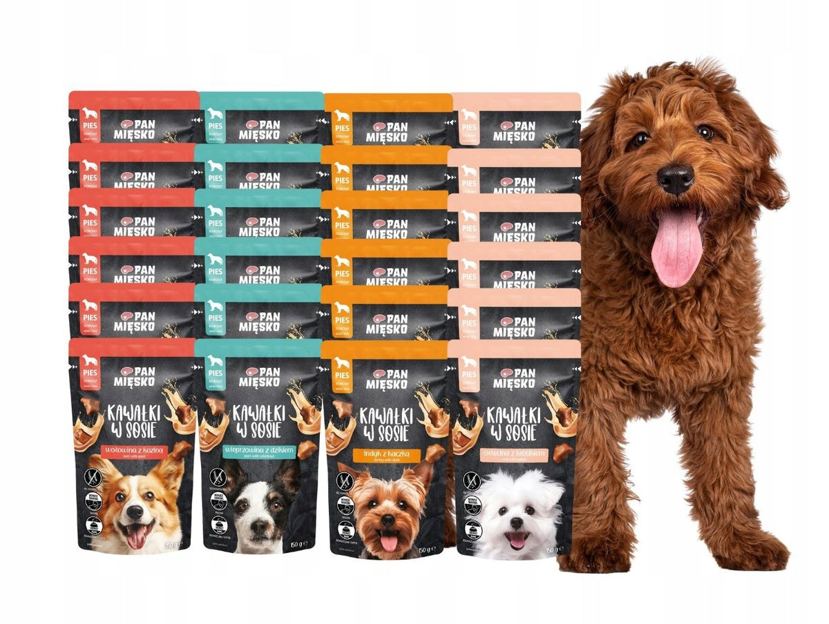 Pan Mięsko karma mokra dla psa kawałki w sosie 24 x 150 g bezzbożowa – mix 4 smaków