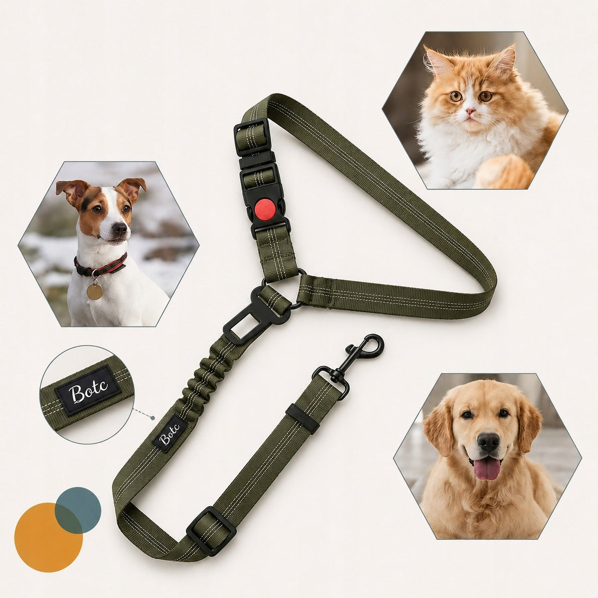 BOTC Pas bezpieczeństwa dla psa do samochodu 3w1 z amortyzatorem, odblaskowy – nylon