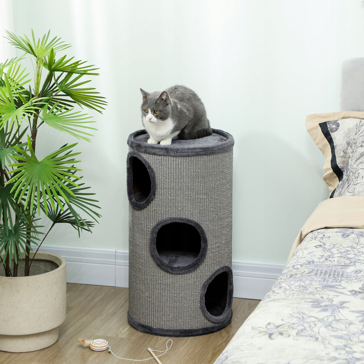 PawHut Drapak dla kota z legowiskiem, 3 poziomy, sizal i plusz, 70 cm – szary