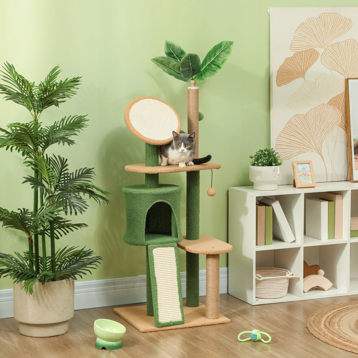 PawHut Drapak dla kota z domkiem 139 cm, sizal, 3 poziomy, liście – zielono-brązowy