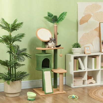 PawHut Drapak dla kota z domkiem 139 cm, sizal, 3 poziomy, liście – zielono-brązowy
