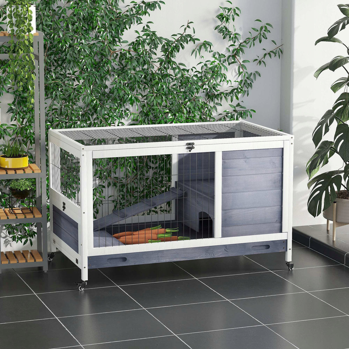 PawHut Klatka dla królika na kółkach, dwupiętrowa, drewno jodłowe 90 x 53 x 59 cm – ciemnoszara