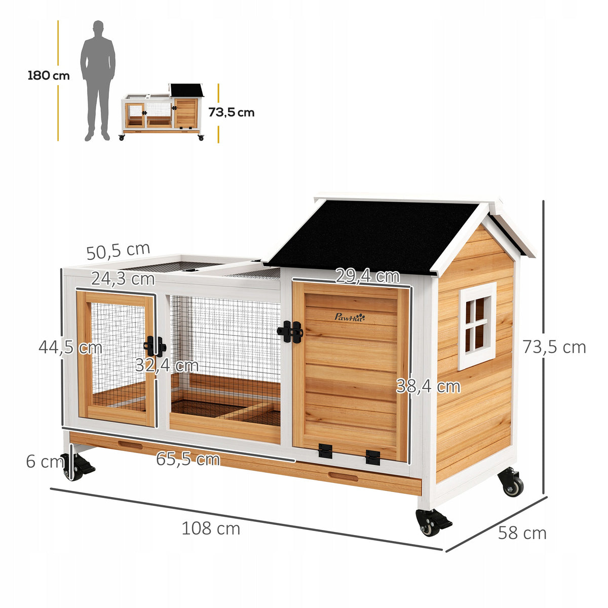 PawHut Klatka dla królików z wybiegiem 108x58x73,5 cm, drewno świerkowe, na kółkach