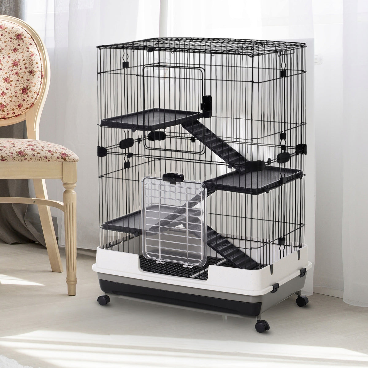 PawHut Klatka dla królika i świnki morskiej 81,2 x 52,7 x 110 cm na kółkach – czarna
