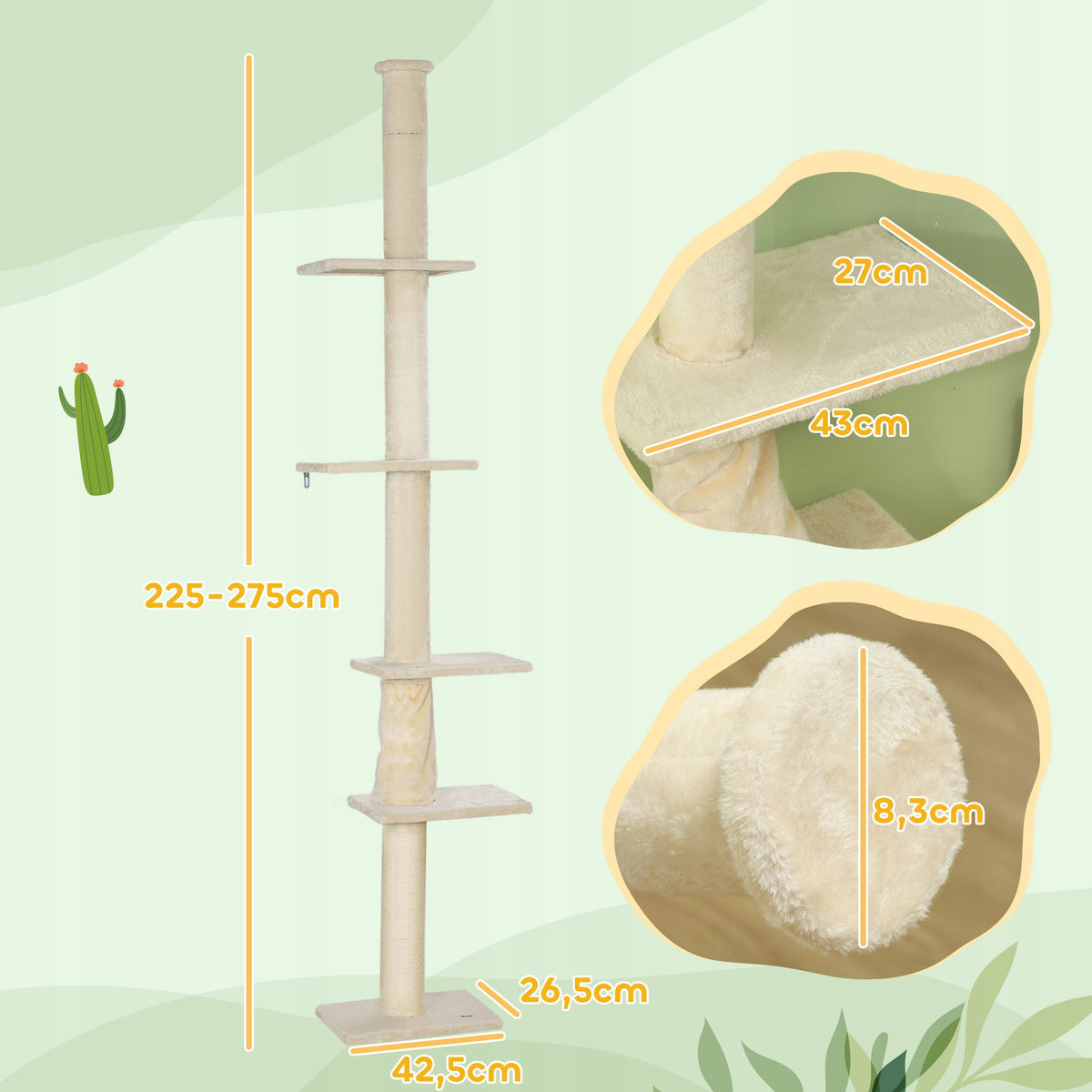 PawHut Drapak sufitowy dla kota 225-275 cm, 5 poziomów, sizal, regulowany – beżowy