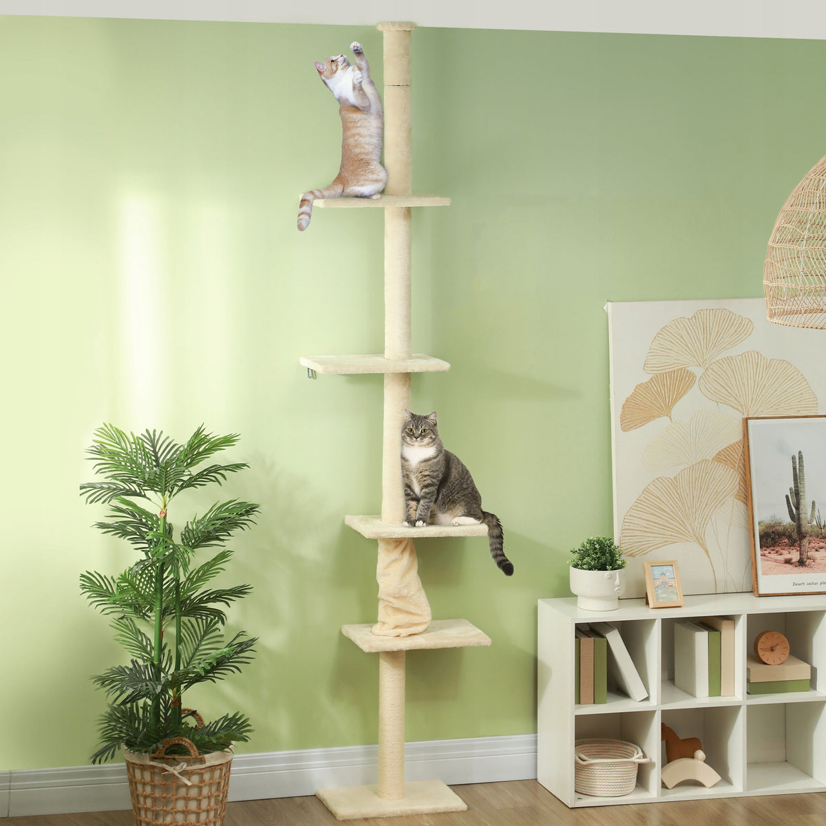 PawHut Drapak sufitowy dla kota 225-275 cm, 5 poziomów, sizal, regulowany – beżowy