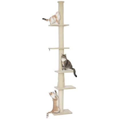 PawHut Drapak sufitowy dla kota 225-275 cm, 5 poziomów, sizal, regulowany – beżowy